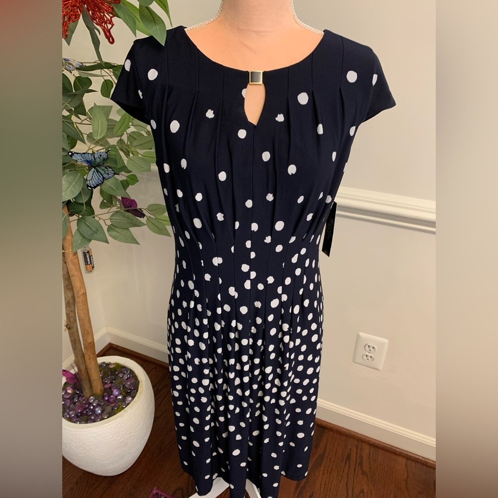 Tahari ASL navy white dot dress size 6
